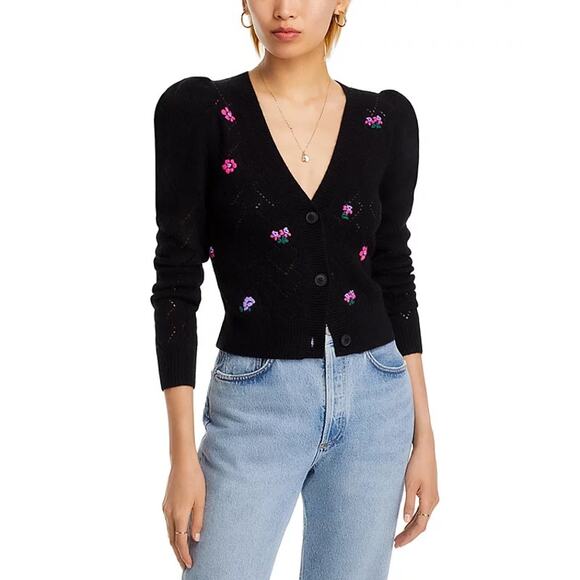 AQUA BLOOMINGDALES CASHMERE EMBROIDERED POINTELLE CARDIGAN - Picture 1 of 5